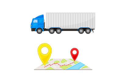 Truck and Map with Navigation Point as Shopping Logistics and Order Delivery Vector Setのイラスト素材