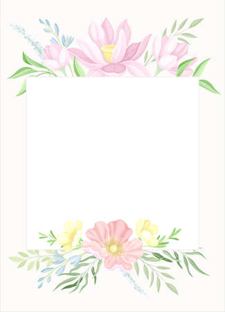 Card with floral frame and space for text. Wedding invitation, postcard, poster, flyer with flowers in pastel colors vector illustrationのイラスト素材