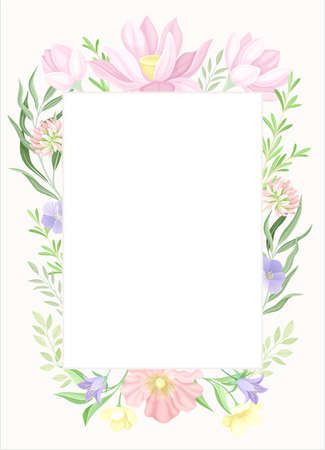 Card template with rectangular floral frame. Wedding invitation, postcard, poster, flyer with flowers in pastel colors vector illustrationのイラスト素材