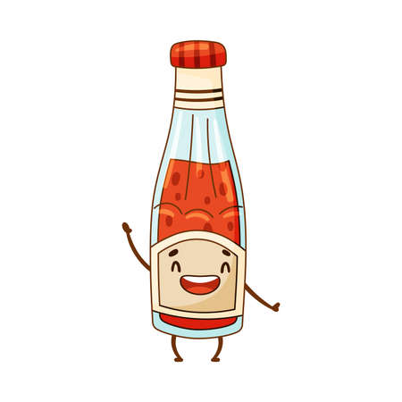 Happy funny smiling ketchup bottle cartoon character vector illustrationのイラスト素材