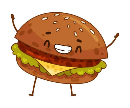 Happy funny smiling burger cartoon character vector illustrationのイラスト素材