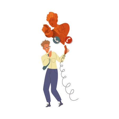 Scared stressed male employee talking with his boss on phone vector illustrationのイラスト素材