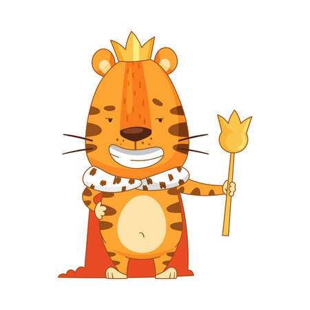 Cute little tiger wearing golden crown and mantle holding scepter. Adorable baby animal king character cartoon vector illustrationのイラスト素材