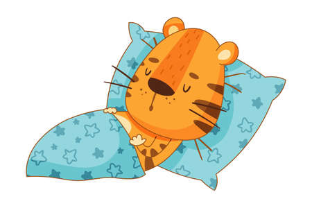 Cute little tiger sleeping in bed. Adorable baby animal character cartoon vector illustrationのイラスト素材