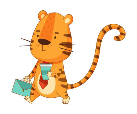 Cute little tiger walking with suitcase and coffee cup. Adorable animal businessman character cartoon vector illustrationのイラスト素材