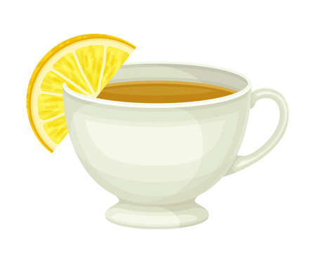 Tea Cup with Hot Aromatic Beverage Poured with Boiling Water for Brewing and Lemon Slice Closeup Vector Illustrationのイラスト素材