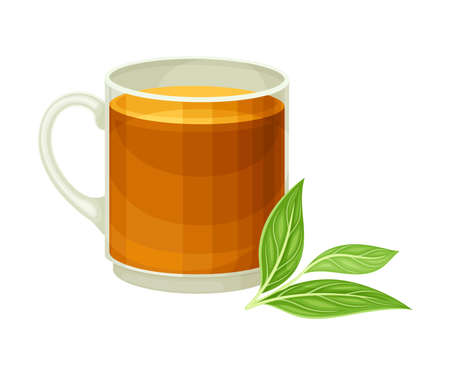 Glass Tea Mug with Hot Aromatic Beverage Poured with Boiling Water for Brewing Closeup Vector Illustrationのイラスト素材