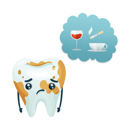 Upset tooth character with wine, coffee, cigarette stains cartoon vector illustrationのイラスト素材