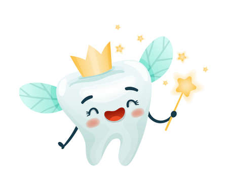 Cute tooth fairy character with magic wand. Oral care, mouth hygiene, teeth restoration concept cartoon vector illustrationのイラスト素材