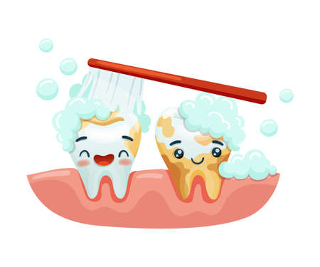 Cleaning and whitening. Teeth characters with funny faces. Oral care, mouth hygiene, teeth restoration concept cartoon vector illustrationのイラスト素材