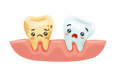 Cute funny healthy and unhealthy teeth characters. Oral care, mouth hygiene, teeth restoration concept cartoon vector illustrationのイラスト素材