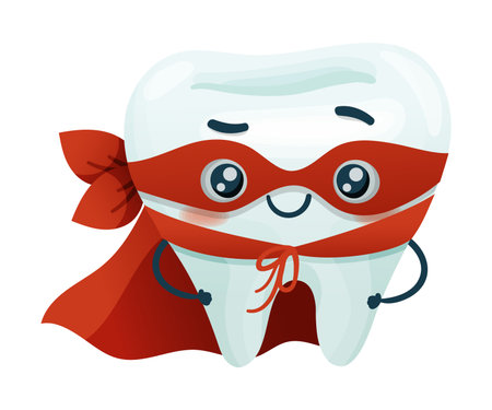 Cute happy tooth superhero character in red cape and mask. Oral care, mouth hygiene, teeth...