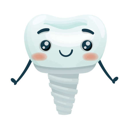 Cute happy human dental implant. Oral care, teeth restoration concept cartoon vector illustrationのイラスト素材