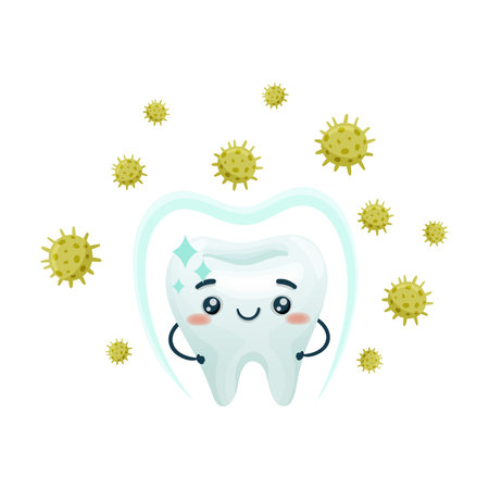 Teeth hygiene, oral care. Tooth protection from germs and bacteria cartoon vector illustrationのイラスト素材