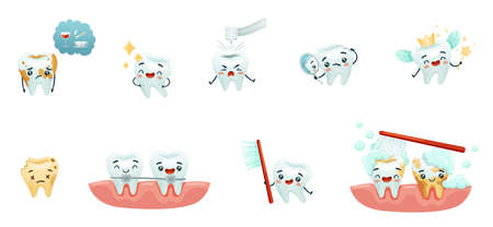 Cute funny teeth characters set. Mouth hygiene, teeth restoration concept cartoon vector illustrationのイラスト素材