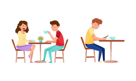 Man and Woman Sitting at Street Food Cafe Table Drinking Coffee Vector Setのイラスト素材