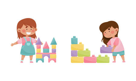 Little Girl Playing with Toy Blocks in Playroom Vector Setのイラスト素材