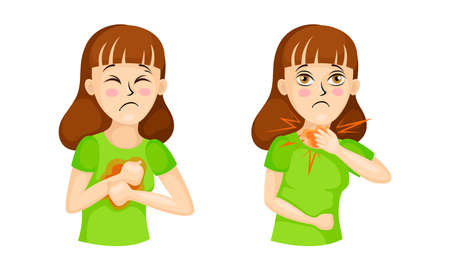 Young Woman Having Pain in Chest and Throat Suffering from  virus Symptom Vector Setのイラスト素材