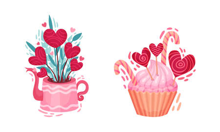 Flowerpot with Heart and Cupcake with Candy Cane as Saint Valentine Day Symbol Vector Setのイラスト素材