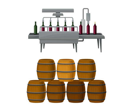 Wine Bottles Label Sticking Process with Glass Containers on Conveyor Belt and Wooden Barrel Vector Setのイラスト素材