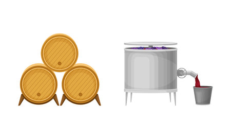 Grape Juice in Wooden Barrel and Metal Tank for Berry Crushing and Squeezing Vector Setのイラスト素材