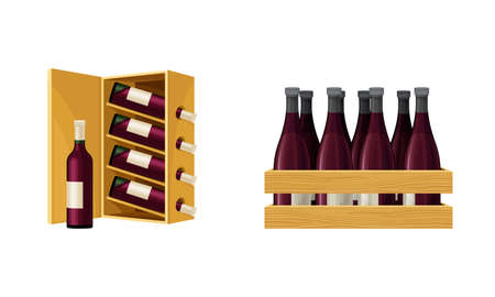 Grape Wine Glass Bottles Standing in Wooden Wine Rack and Crate Vector Setのイラスト素材