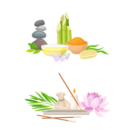Spa Treatment Composition with Bamboo, Essential Oil and Incense Sticks for Energy Body Massage Vector Setのイラスト素材