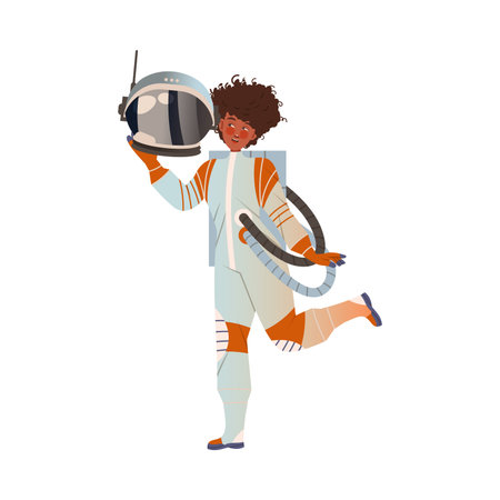 Spaceman or Astronaut Woman Character in Space Suit on the Moon Vector Illustrationのイラスト素材