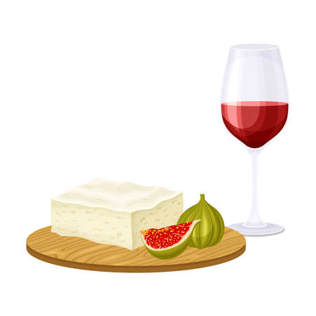 Wine Glass with Alcoholic Drink Served with Cheese and Fig on Wooden Board Vector Illustrationのイラスト素材
