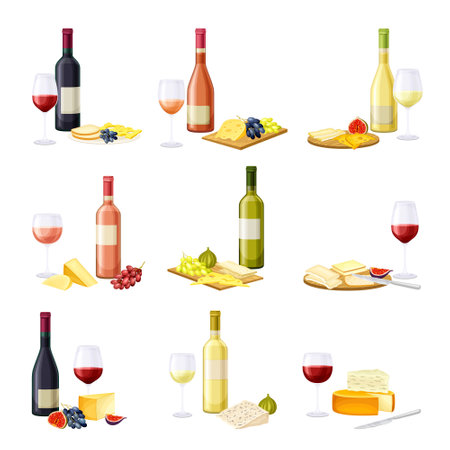 Wine Bottle and Glass with Alcoholic Drink Served with Cheese and Grapes Vector Setのイラスト素材