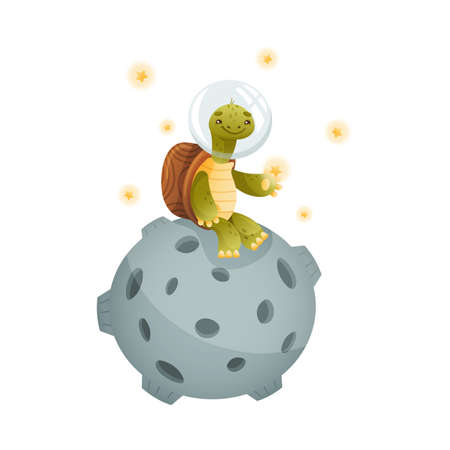 Cute turtle space tourist sitting on moon. Funny tortoise character flying in outer space vector illustrationのイラスト素材