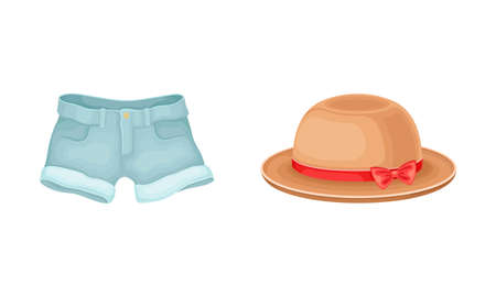 Wide Brimmed Female Hat with Silk Ribbon and Blue Shorts Vector Setのイラスト素材