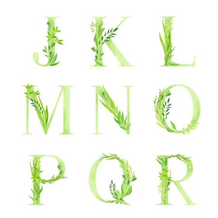 Alphabet Letter Decorated with Green Foliage and Leaf Vector Setのイラスト素材