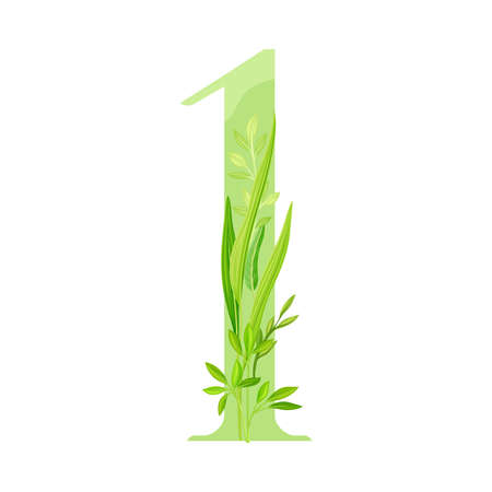Number or Numeral One Decorated with Green Foliage and Leaf Vector Illustrationのイラスト素材