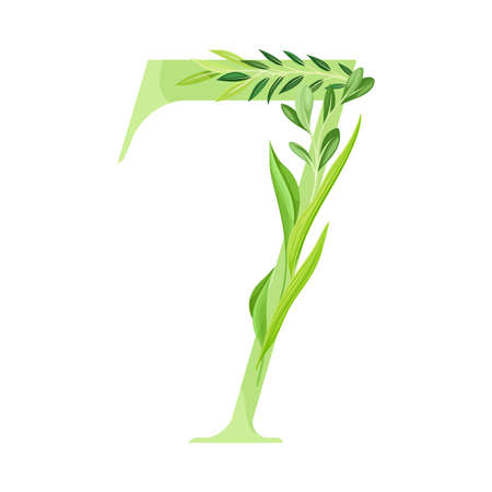 Number or Numeral Seven Decorated with Green Foliage and Leaf Vector Illustrationのイラスト素材