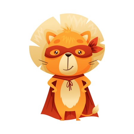 Lion Animal Superhero Dressed in Mask and Red Cape or Cloak Standing Vector Illustrationのイラスト素材