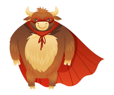 Horned Bull Animal Superhero Dressed in Mask and Red Cape or Cloak Vector Illustrationのイラスト素材