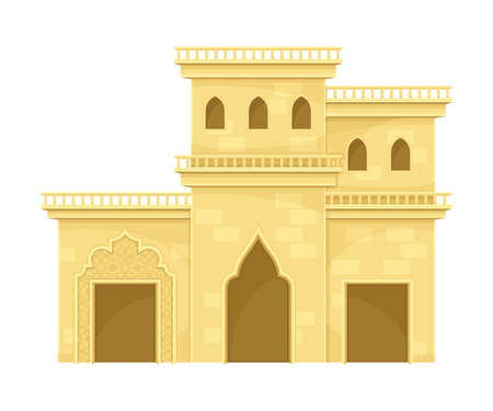 Ancient Arab desert mud house. Middle East two storey building, traditional arabic architecture vector illustrationのイラスト素材