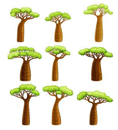 Baobab trees set. African continent symbols. Powerful plants with green foliage cartoon vector illustrationのイラスト素材