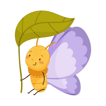 Cute baby butterfly with lilac wings and green leaf cartoon vector illustrationのイラスト素材