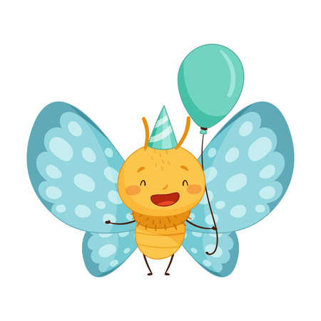 Cute baby butterfly with blue wings holding inflatable balloon cartoon vector illustrationのイラスト素材