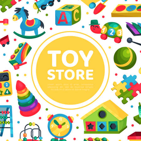 Toy Store Square Card Design with Colorful Plaything Vector Templateのイラスト素材