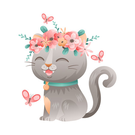 Cute Grey Cat with Flower Wreath on Its Head Sitting with Flying Butterfly Vector Illustrationのイラスト素材