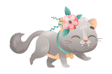 Cute Grey Cat with Flowers on Its Head and Neck Collar Walking Vector Illustrationのイラスト素材