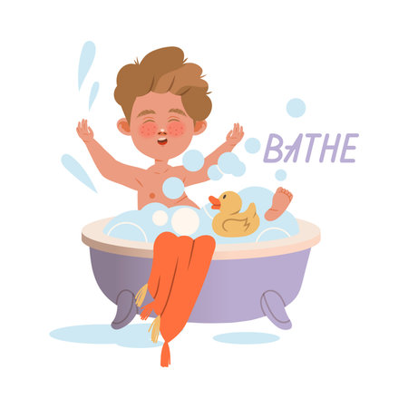 Cute little boy taking bath in bathtub. Verb expressing action, children education concept cartoon vector illustrationのイラスト素材