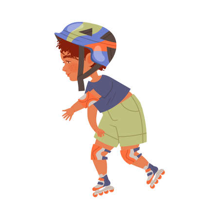 Cute little boy roller skating. Kids outdoor activity concept cartoon vector illustrationのイラスト素材
