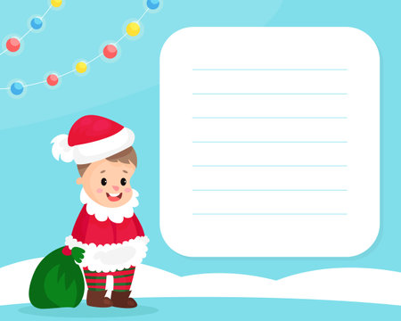 Lined Card with Happy Child Dressed in Christmas Santa Claus Costume Vector Templateのイラスト素材