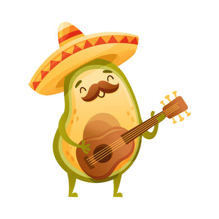 Cute funny avocado in sombrero hat playing guitar. Mexican culture symbol cartoon vector illustrationのイラスト素材