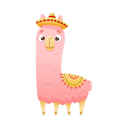 Cute funny llama alpaca in sombrero hat. Mexican culture symbol cartoon vector illustrationのイラスト素材