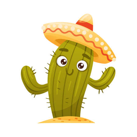 Cute funny cactus in sombrero hat. Mexican culture symbol cartoon vector illustrationのイラスト素材